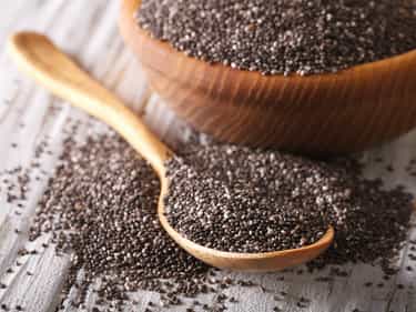 Photo of wooden bowl and spoon filled with chia seeds