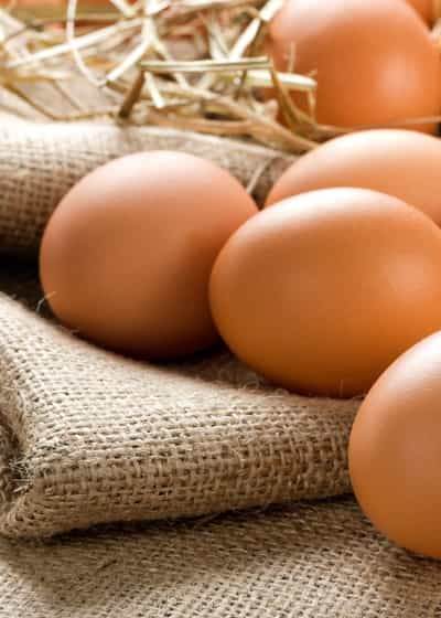 Photo of chicken eggs next to straw