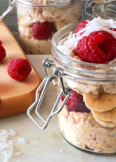 Photo of a mason jar filled with overnight muesli