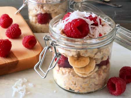Photo of a mason jar filled with overnight muesli